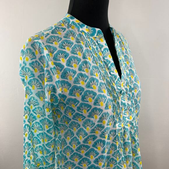 Roberta Roller Rabbit Green White Yellow Print Pintuck Cotton Tunic Top Size XS - Picture 4 of 7